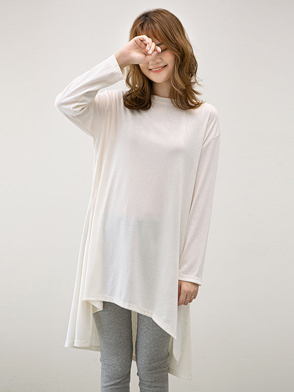 xakxx Casual High-Low Long Sleeves Solid Color Round-Neck T-Shirts Tops