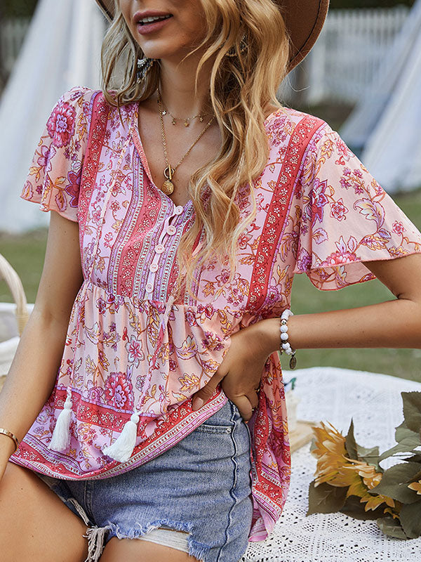 xakxx Loose Short Sleeves Buttoned Flower Print Split-Joint Tasseled Tied V-Neck T-Shirts Tops