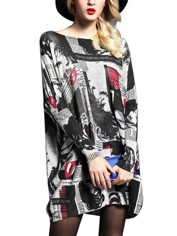 xakxx Long Sleeves Loose Letter Print Printed Round-Neck Knitwear Pullovers Sweater Tops