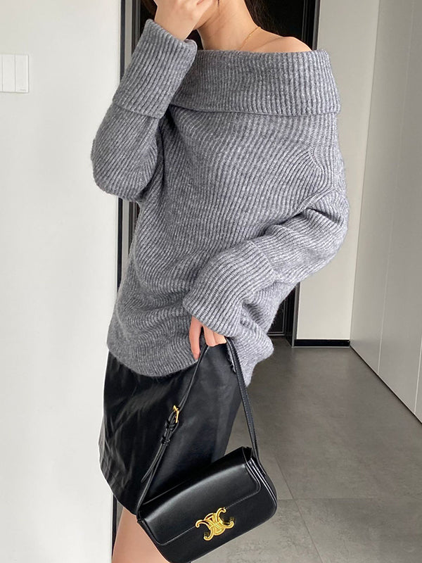 xakxx Long Sleeves Loose Solid Color Off-The-Shoulder Knitwear Pullovers Sweater