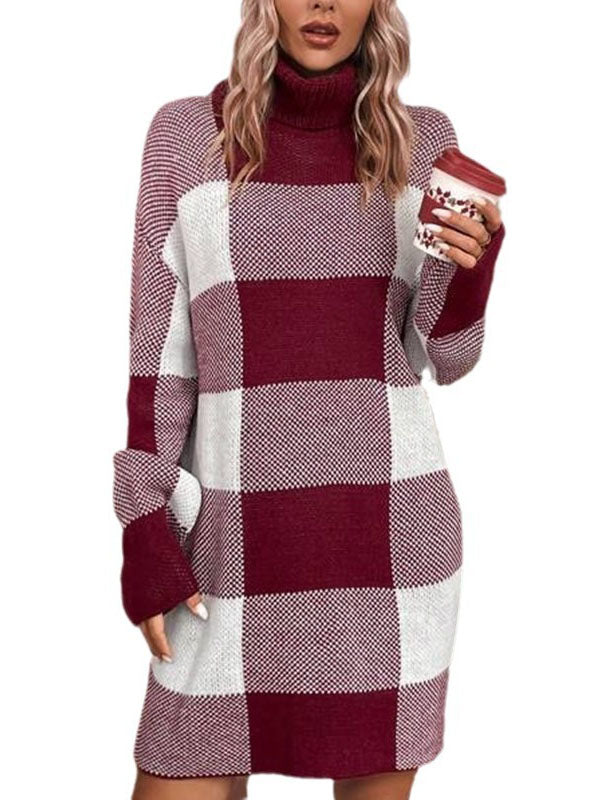 xakxx Long Sleeves Loose Contrast Color Plaid High Neck Mini Dresses Sweater Dresses