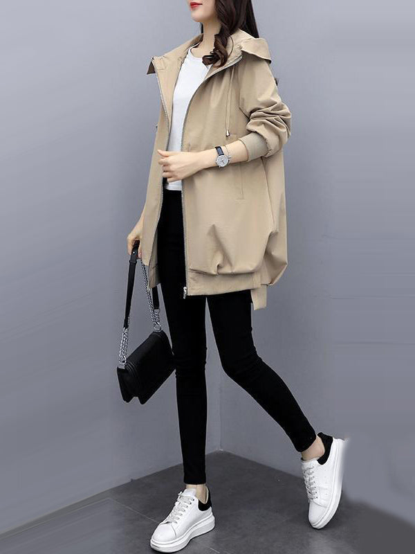 xakxx Casual Loose 4 Colors Pleated Zipper Hooded Long Sleeves Outwear