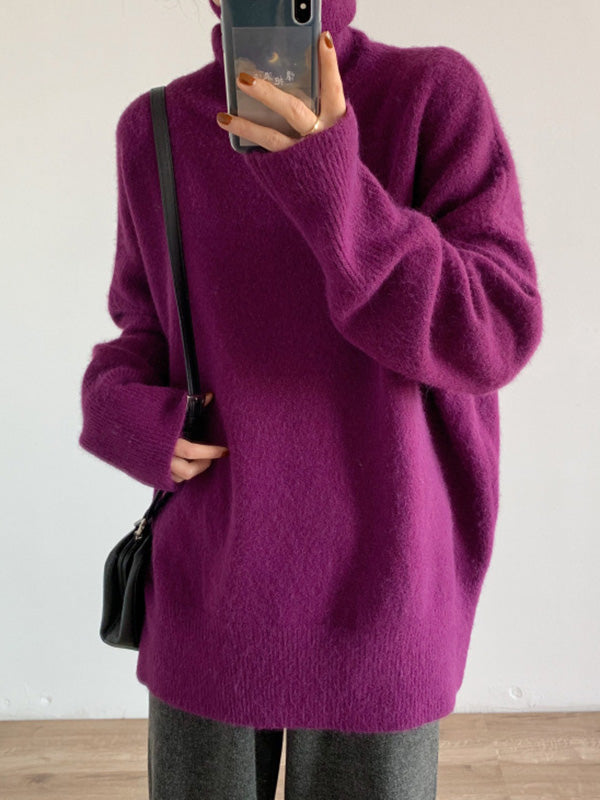 xakxx Casual Long Sleeves Loose Solid Color High-Neck Sweater Tops
