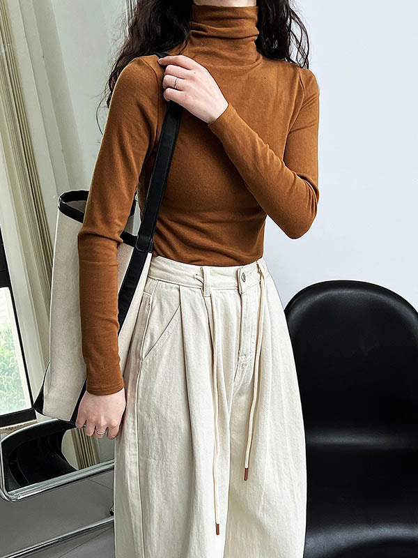 xakxx Long Sleeves Skinny Solid Color Split-Joint High Neck T-Shirts