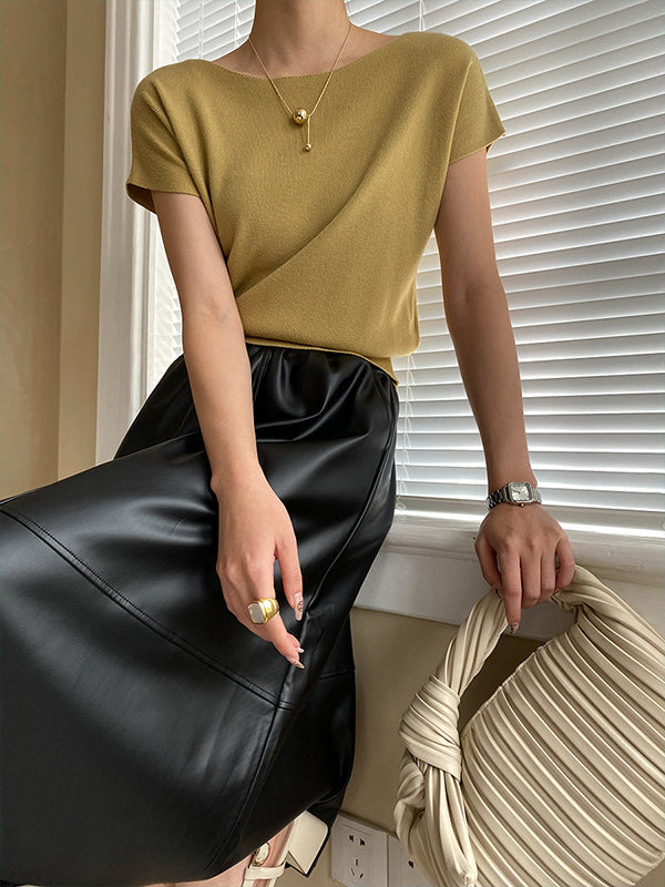 xakxx Stylish Loose Solid Color Boat Neck Knitwear Pullovers Tops