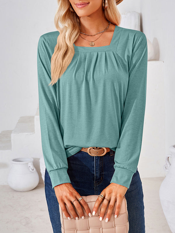 xakxx Long Sleeves Loose Pleated Solid Color Square-Neck T-Shirts Tops