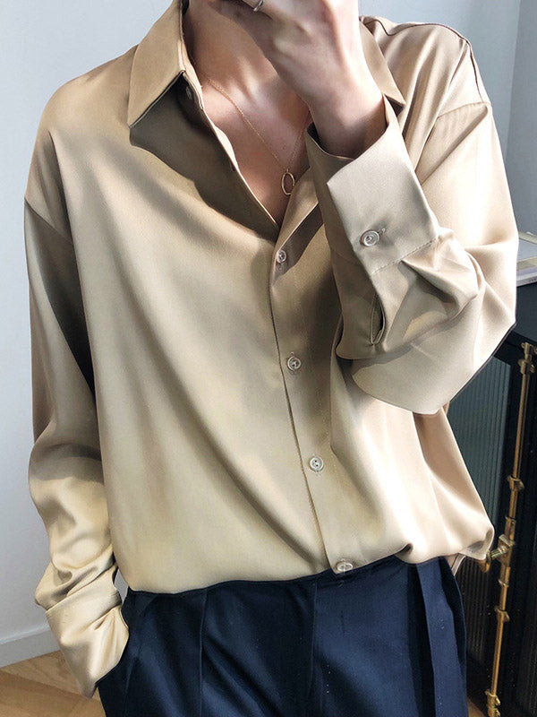 xakxx Simple Solid Color Satin Chiffon Long Sleeve Blouse