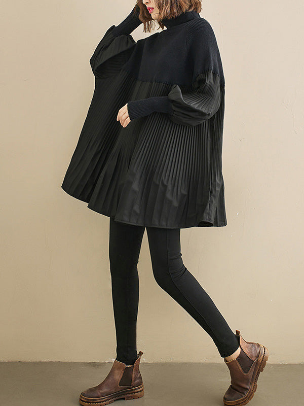 xakxx Knitting Pleats Split-Joint High-Neck Pullover Top
