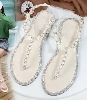 Sandals Women sandals new summer shoes flat pearl sandals comfortable string bead beach slippers casual sandals pink white blackL464