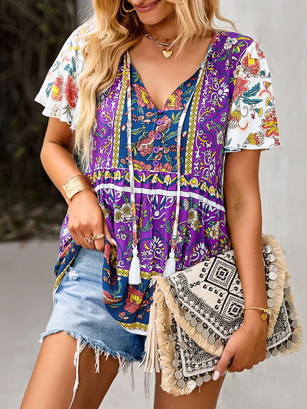 xakxx Loose Short Sleeves Buttoned Flower Print Split-Joint Tasseled Tied V-Neck T-Shirts Tops
