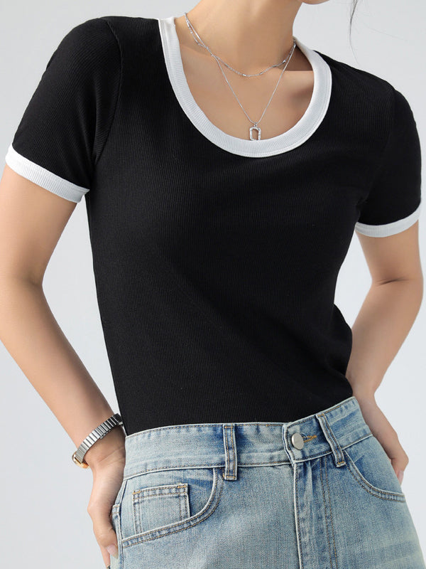 xakxx Short Sleeves Skinny Contrast Color Round-Neck T-Shirts