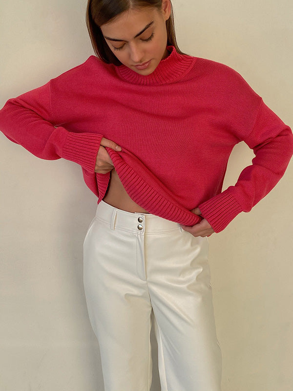xakxx Casual Long Sleeves Loose Solid Color High-Neck Sweater Tops