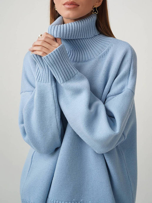 xakxx Long Sleeves Loose Solid Color High Neck Knitwear Pullovers Sweater Tops