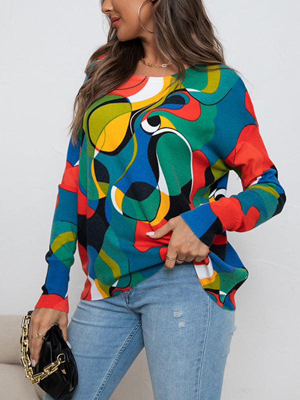 xakxx Long Sleeves Loose Contrast Color Printed Round-Neck Knitwear Pullovers Sweater Tops