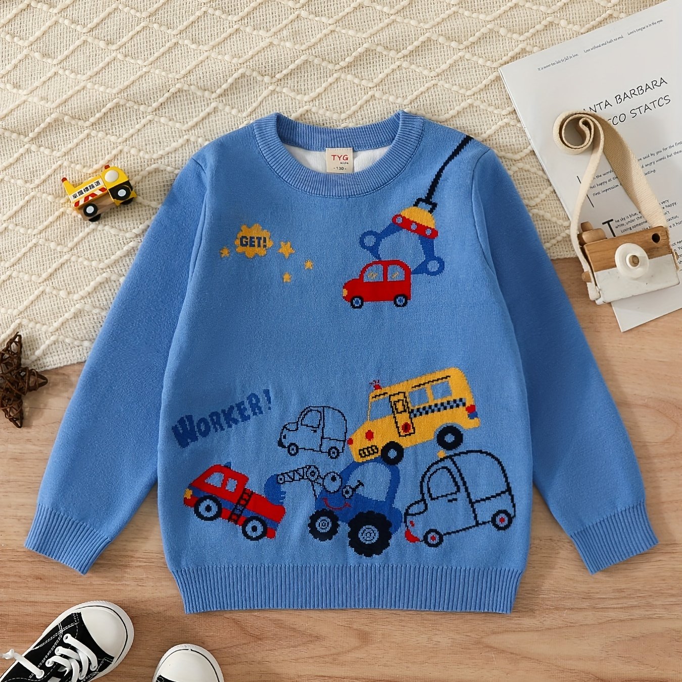 Boys Cartoon Car Pattern Sweater Round Neck Long Sleeve Stretch Warm Knit Pullover Top Kids Clothes Outdoor