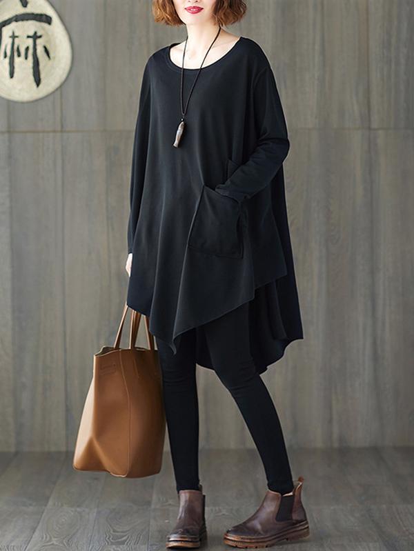 xakxx Loose Black Cropped Solid Long Sleeve T-Shirt