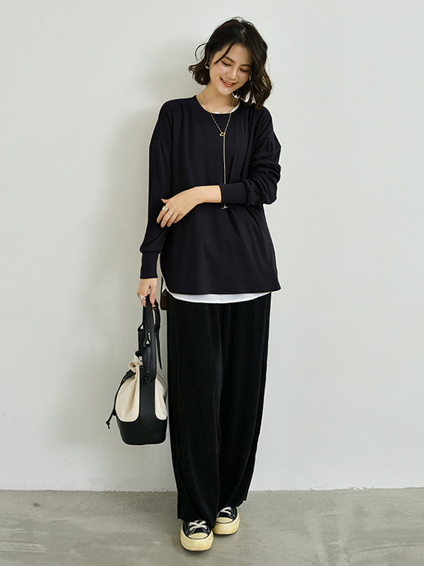 xakxx Simple Long Sleeves Loose Split-Side Solid Color Round-Neck T-Shirts Tops
