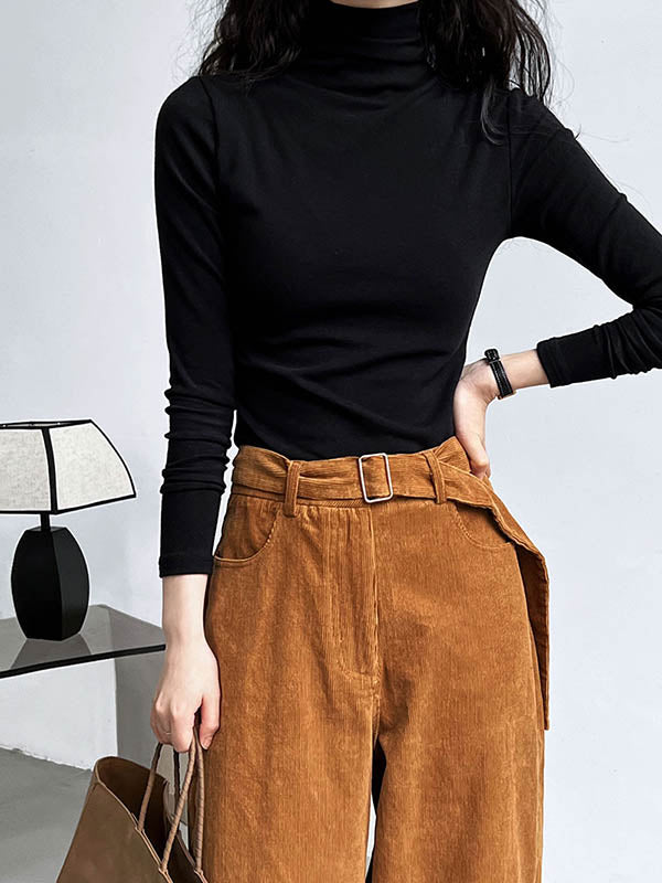 xakxx Long Sleeves Skinny Solid Color Split-Joint High Neck T-Shirts
