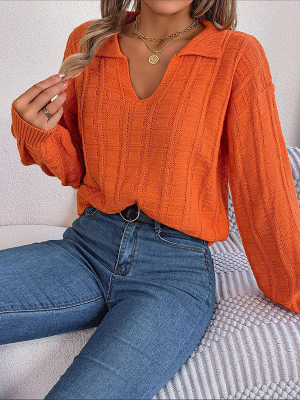 xakxx Long Sleeves Loose Solid Color Lapel Pullovers Sweater Tops
