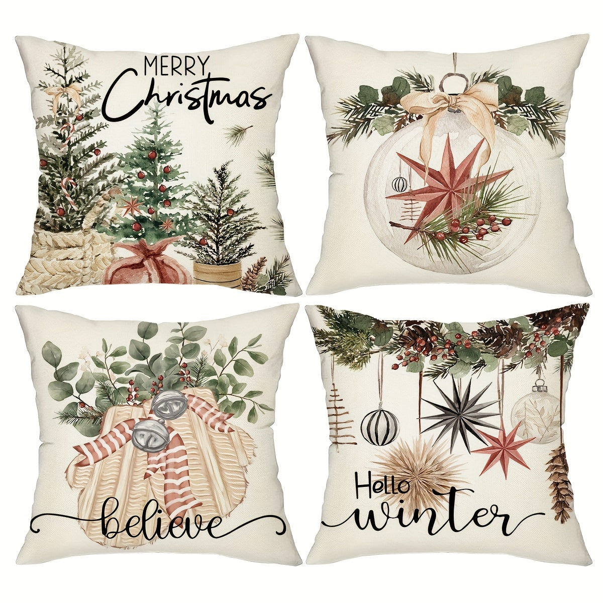 4pcs 18*18Inch Christmas Pillow Covers, Set of 4 Winter Farmhouse Throw Pillowcases for Couch Sofa Living Room Outdoor, Christmas Tree Reindeer Hello Winter Decor Without Pillow Inserts