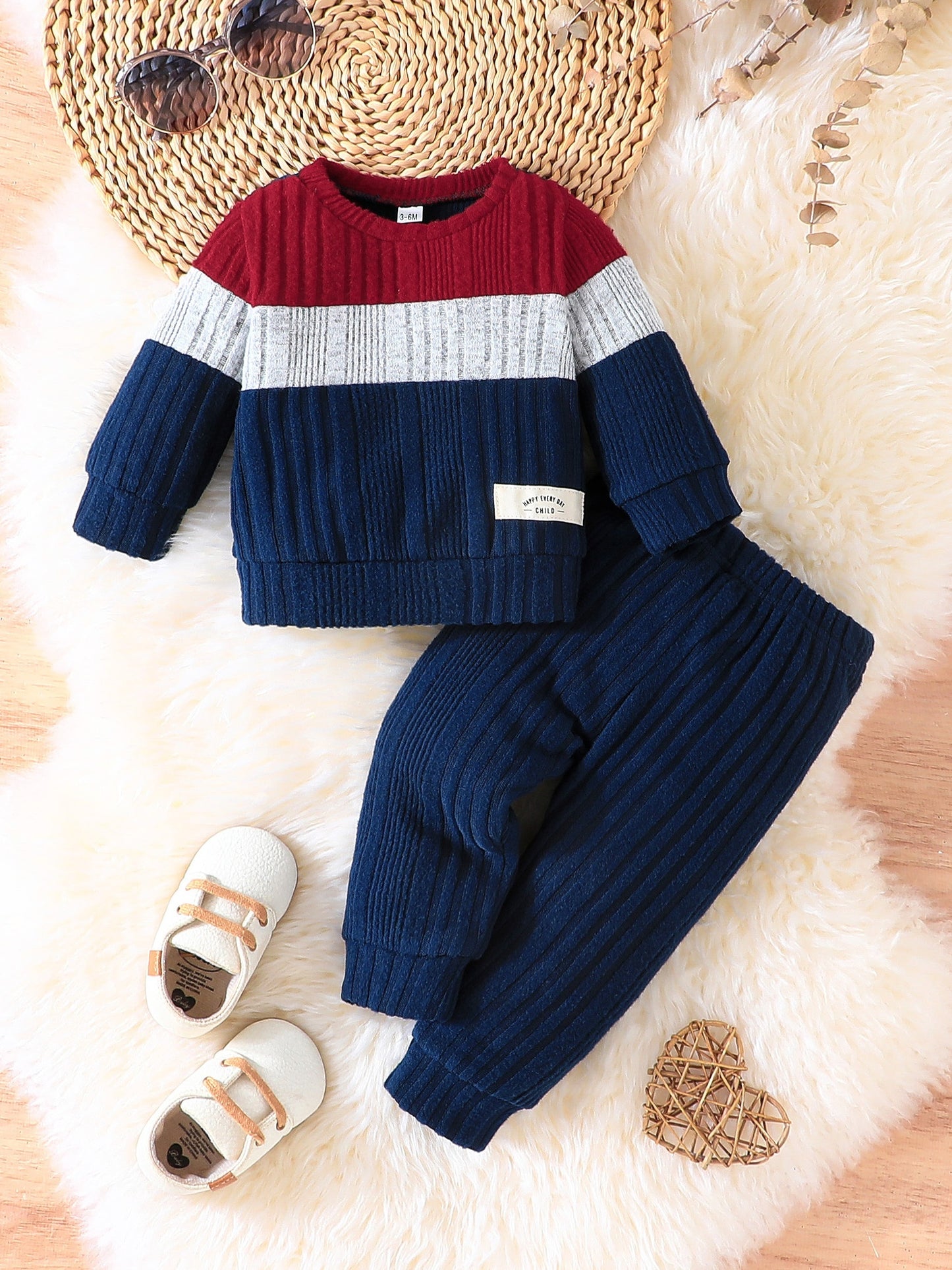 2pcs Adorable Baby Boy's Color Clash Outfit Set - Layette Sets - Soft Ribbed Sweatshirt and Pants Combo for Newborns, Perfect Gift for Baby Shower