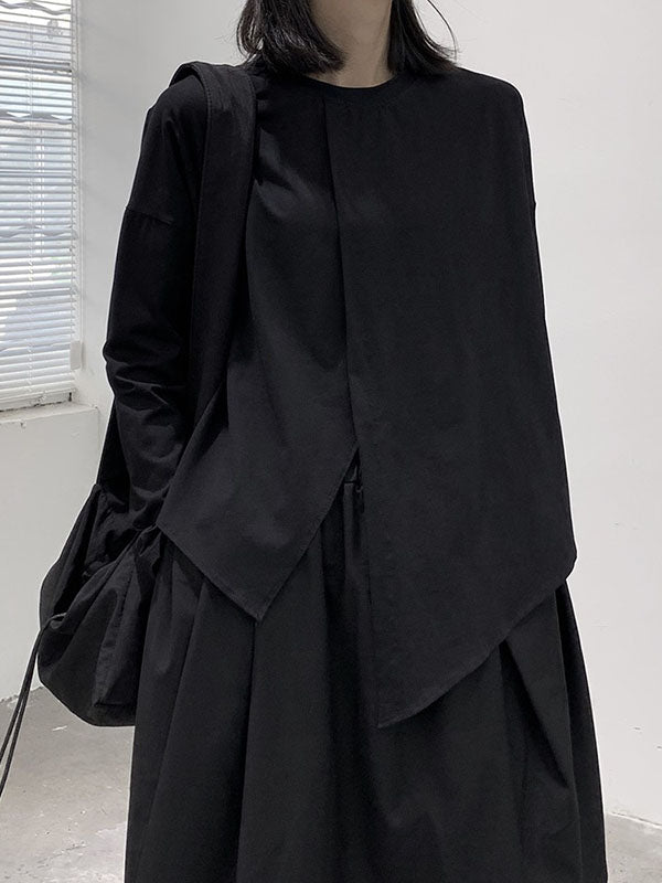 xakxx Long Sleeves Loose Asymmetric Solid Color Split-Front Split-Joint Round-Neck T-Shirts
