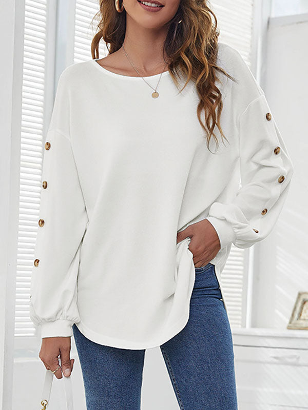 xakxx Simple Loose Long Sleeves Solid Color Round-Neck T-Shirts Tops
