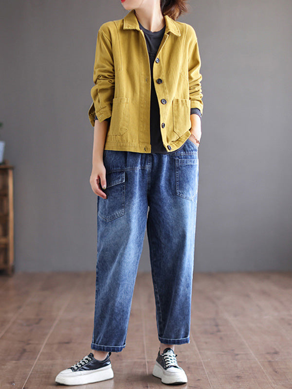 xakxx Vintage Loose Long Sleeves Buttoned Solid Color Lapel Collar Outerwear