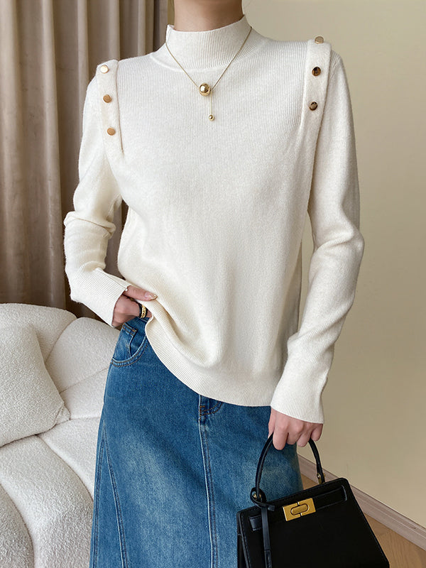 xakxx Long Sleeves Buttoned Split-Joint High-Neck Sweater Tops
