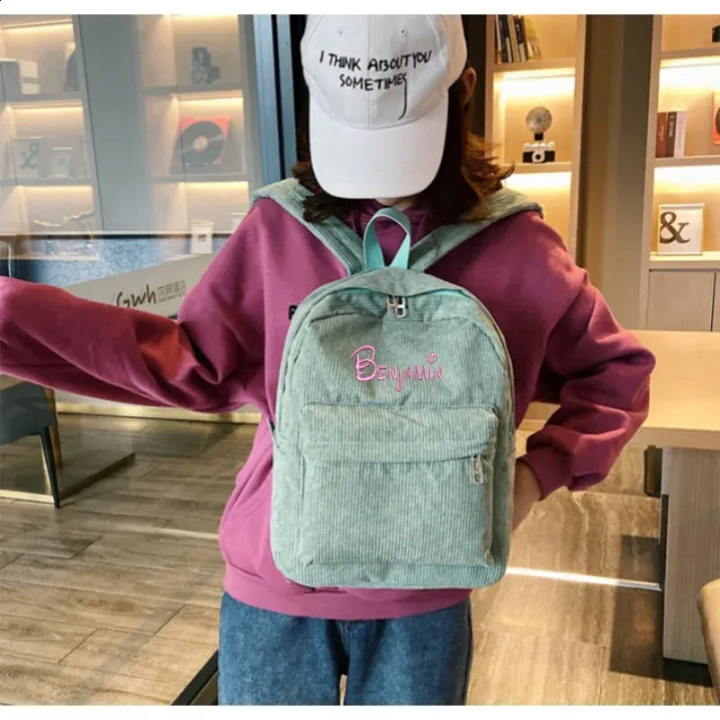 Personalised Embroidery Simple Backpack Corduroy School BackpacksSolid Color Casual Bookbag Travel 240425