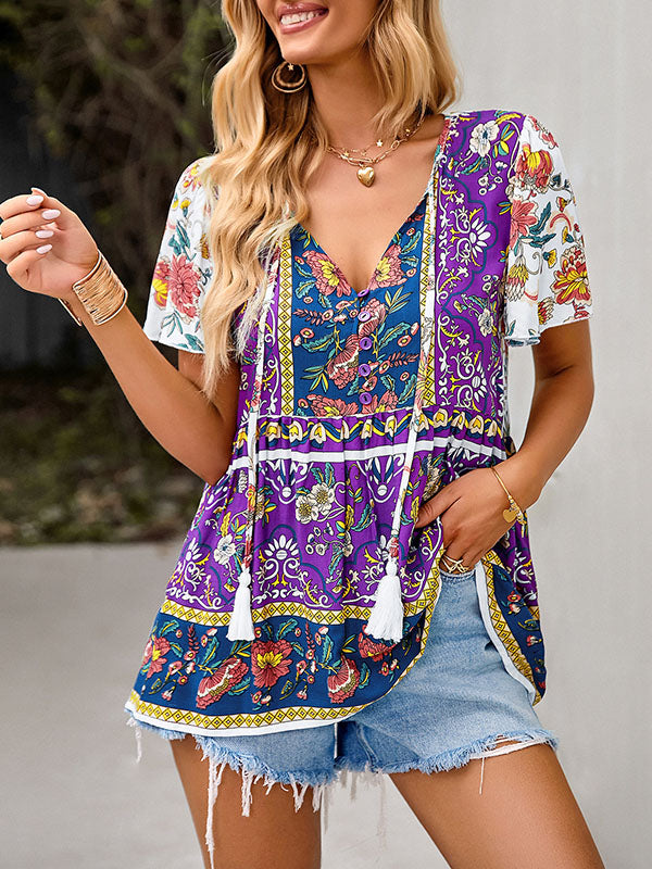 xakxx Loose Short Sleeves Buttoned Flower Print Split-Joint Tasseled Tied V-Neck T-Shirts Tops