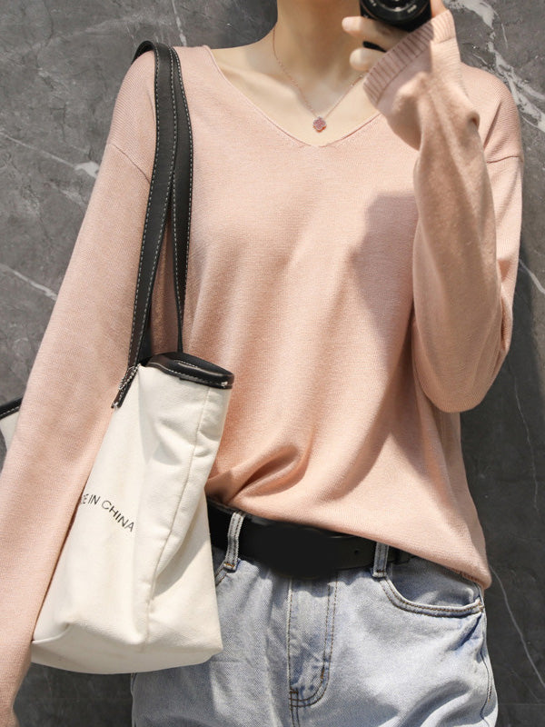 xakxx Simple Solid Color V-Neck Long Sleeve Knitwear Tops