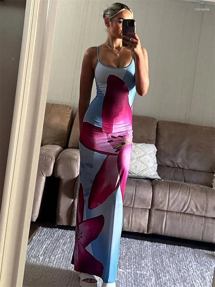 Casual Dresses Tossy Printed Spaghetti Backless Maxi Dress Women Fashion Slim Elegant Contrast Patchwork Halter Autumn Long
