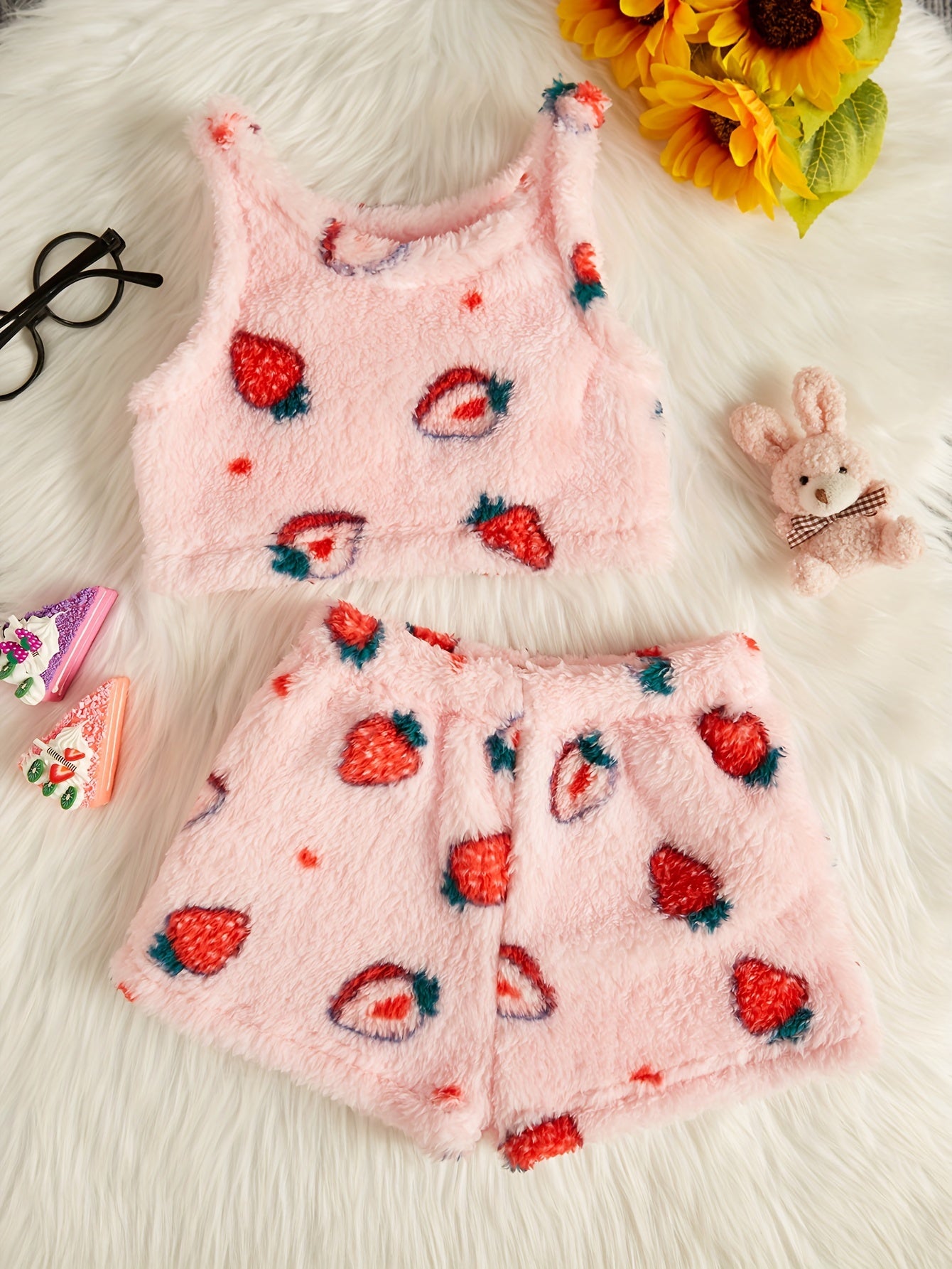 2pcs Cartoon Bear Print Plush Girls Top + Shorts Set for Spring Fall Winter Outdoor Casual Activities, Christmas Gift