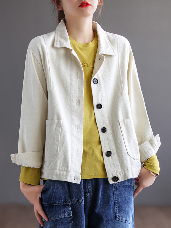 xakxx Vintage Loose Long Sleeves Buttoned Solid Color Lapel Collar Outerwear