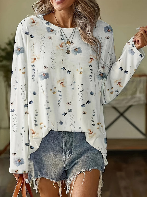 xakxx Long Sleeves Loose Flower Print Round-Neck T-Shirts Tops