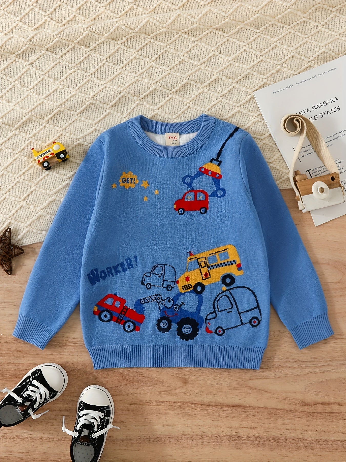 Boys Cartoon Car Pattern Sweater Round Neck Long Sleeve Stretch Warm Knit Pullover Top Kids Clothes Outdoor