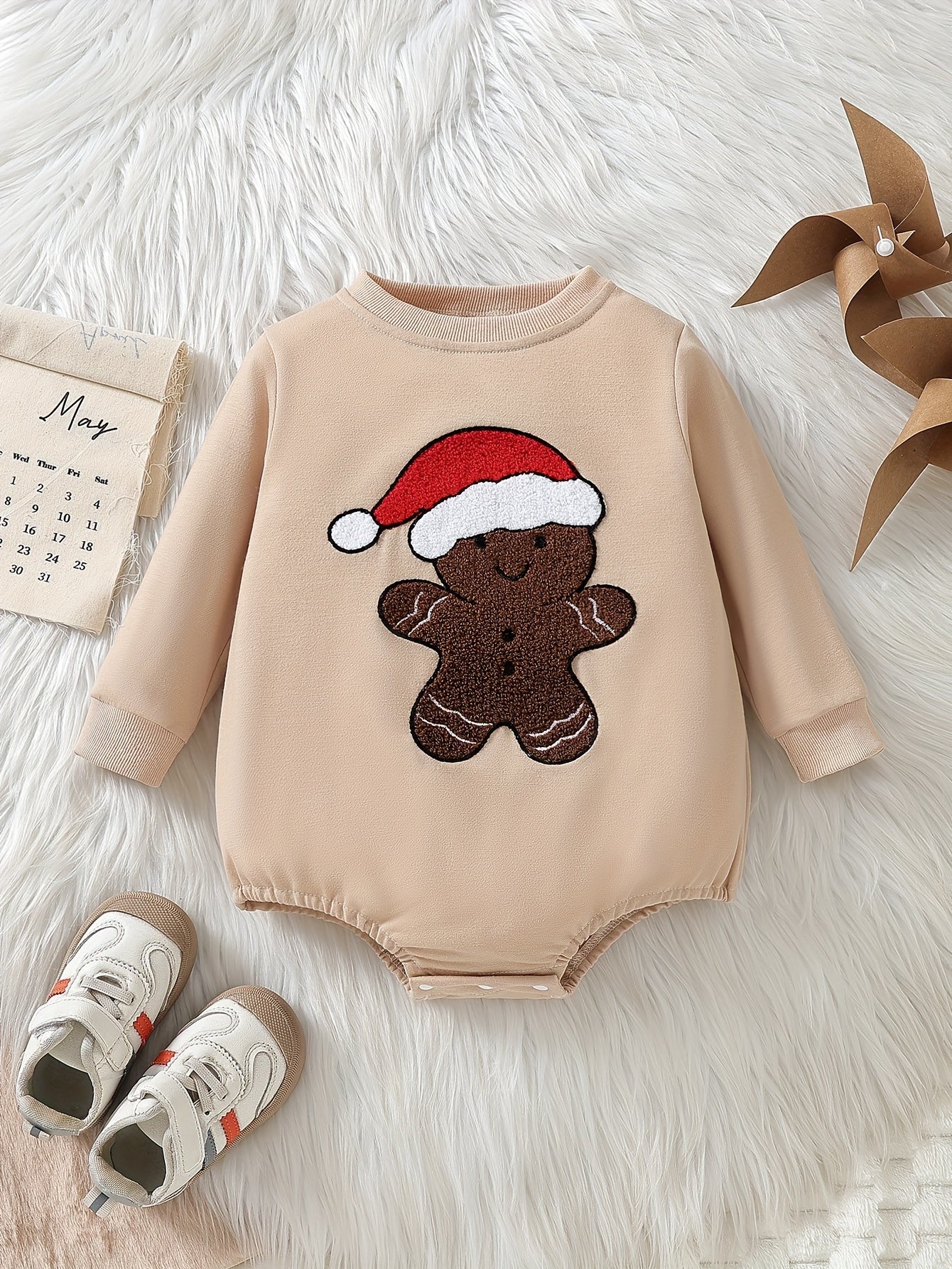 Christmas Gingerbread Man Embroidery Baby Bodysuit - Casual Crew Neck Long Sleeve Sweatshirt Onesie with Slight Stretch, 95% Polyester 5% Spandex Knit Fabric, All-Season Infant & Toddler Romper, For Outdoor