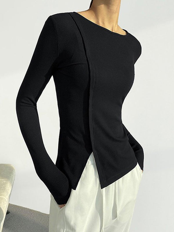 xakxx Skinny Solid Color Split-Joint Split-side Round-neck T-shirts