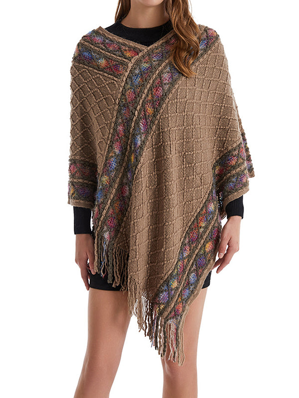 xakxx Loose Asymmetric Tasseled V-Neck Cape Shawl&Cloak