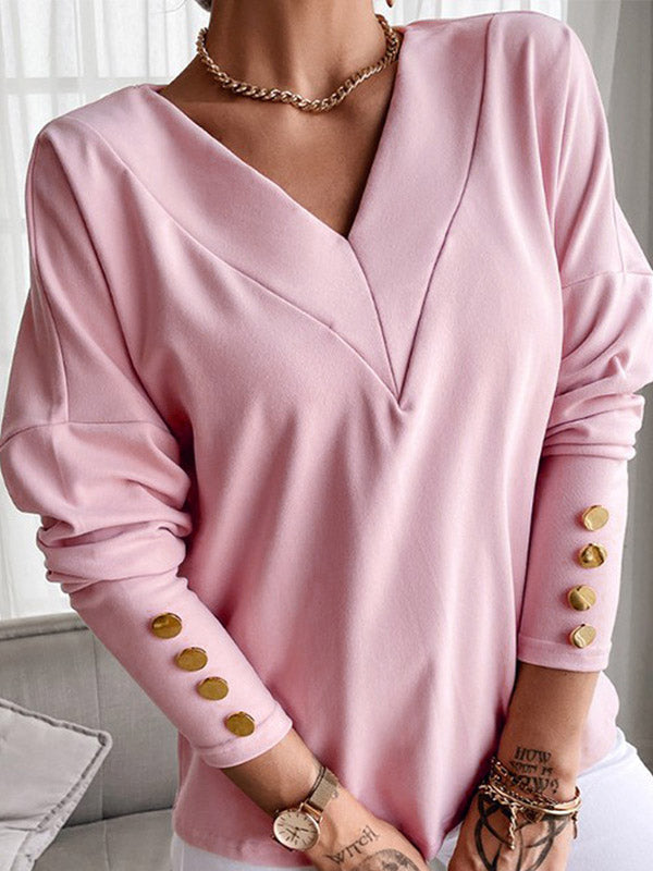 xakxx Long Sleeves Loose Buttoned V-Neck T-Shirts Tops