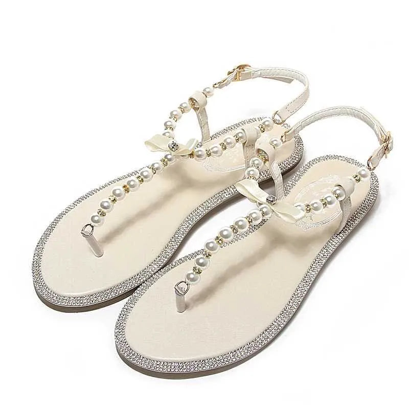 Sandals Women sandals new summer shoes flat pearl sandals comfortable string bead beach slippers casual sandals pink white blackL464