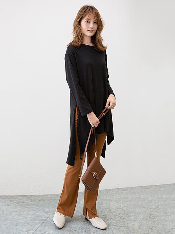 xakxx Casual High-Low Long Sleeves Solid Color Round-Neck T-Shirts Tops