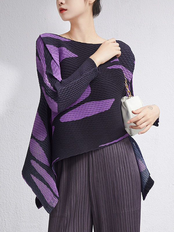 xakxx Casual Irregularity Loose Printed Pleated Round-Neck T-Shirts Tops