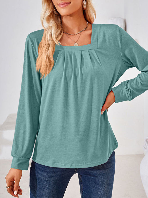 xakxx Long Sleeves Loose Pleated Solid Color Square-Neck T-Shirts Tops
