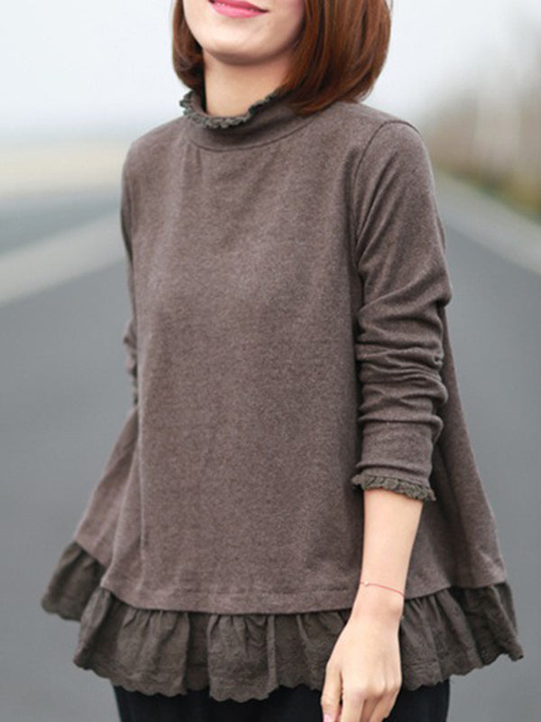 xakxx Original Creation Long Sleeves Loose Ruffled Solid Color Stand Collar T-Shirts Tops
