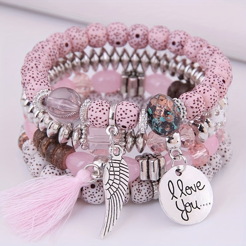 4pcs/Set Enchanting Love Wings Tassel Bracelet Ensemble - Lustrous Volcano Stone Beads & Multicolored Strands - Bohemian Chic Retro Style - Perfect Holiday Gift