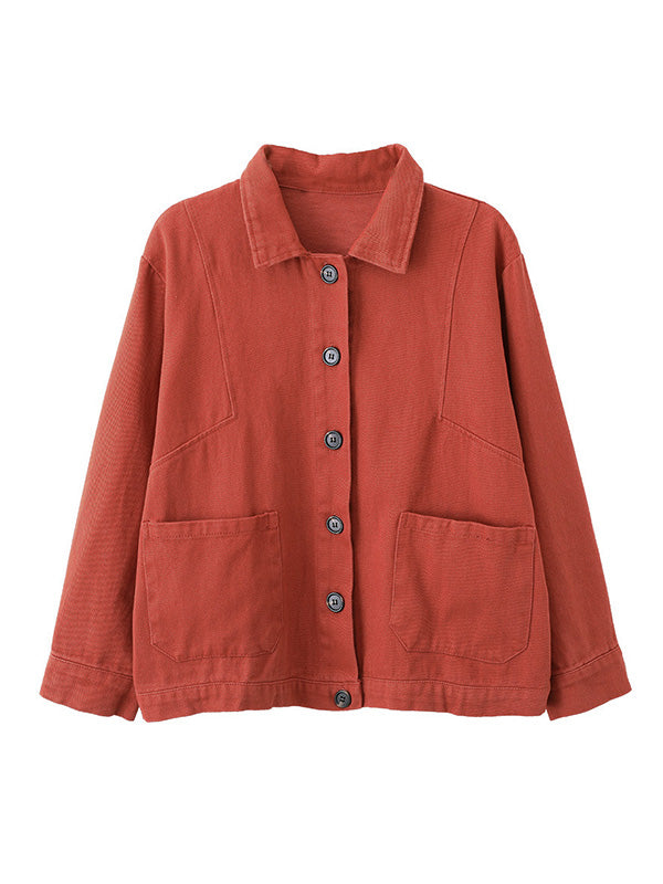 xakxx Vintage Loose Long Sleeves Buttoned Solid Color Lapel Collar Outerwear
