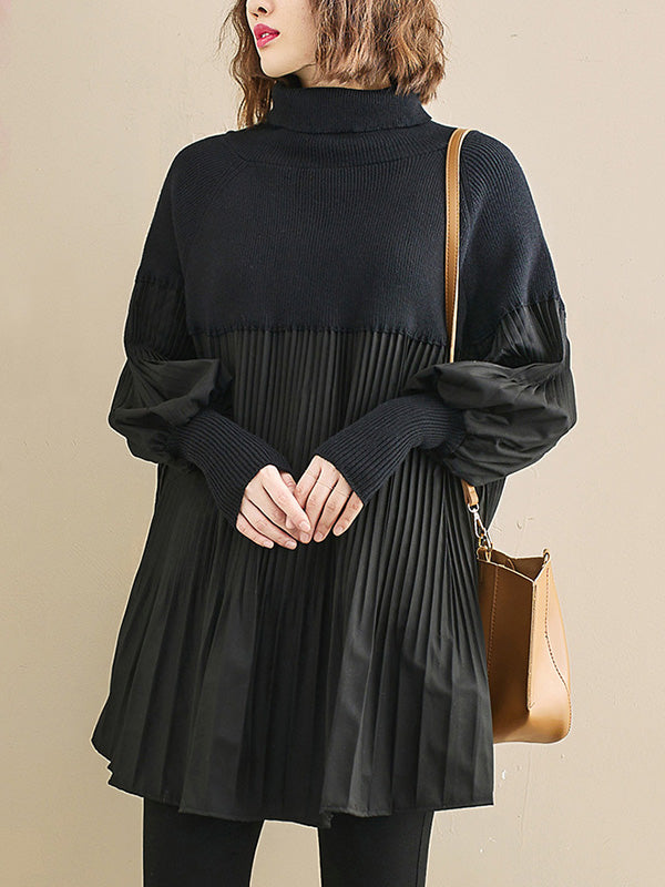 xakxx Knitting Pleats Split-Joint High-Neck Pullover Top