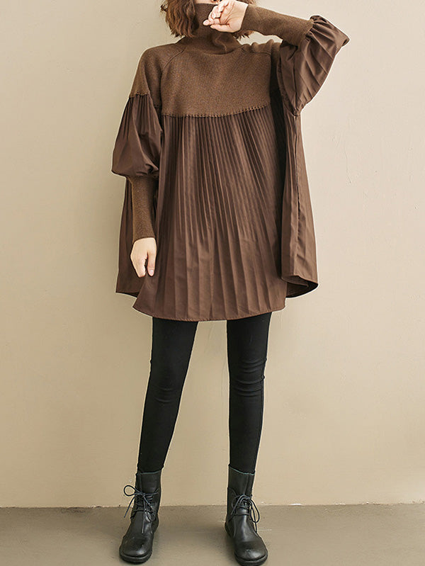 xakxx Knitting Pleats Split-Joint High-Neck Pullover Top